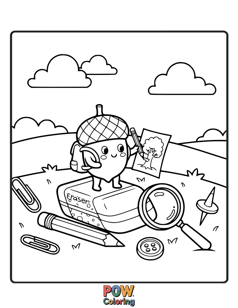 Free coloring page of A small, determined eraser carefully carrying a large acorn.