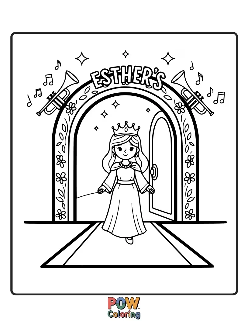 Free coloring page of Queen Esther makes a grand, yet understated, entrance at the royal feast, holding a single, perfect flower.