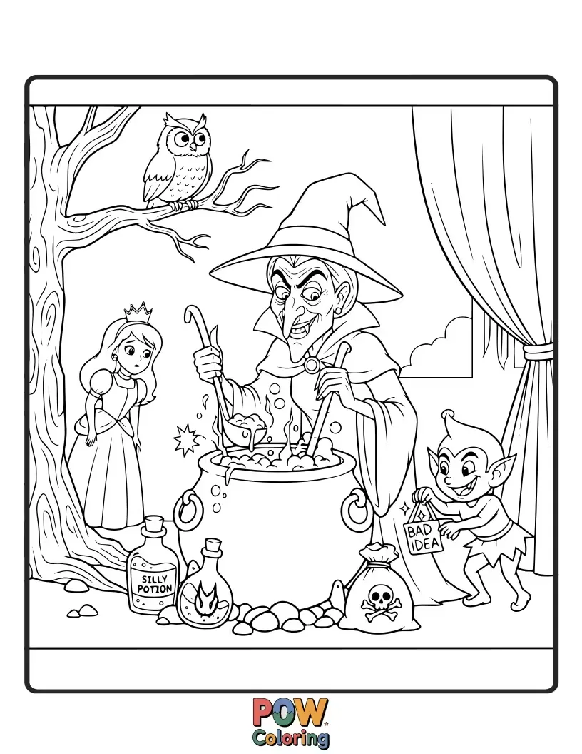 Free coloring page of The Stepmother plotting her wicked plans, with a sly smirk and conniving eyes.