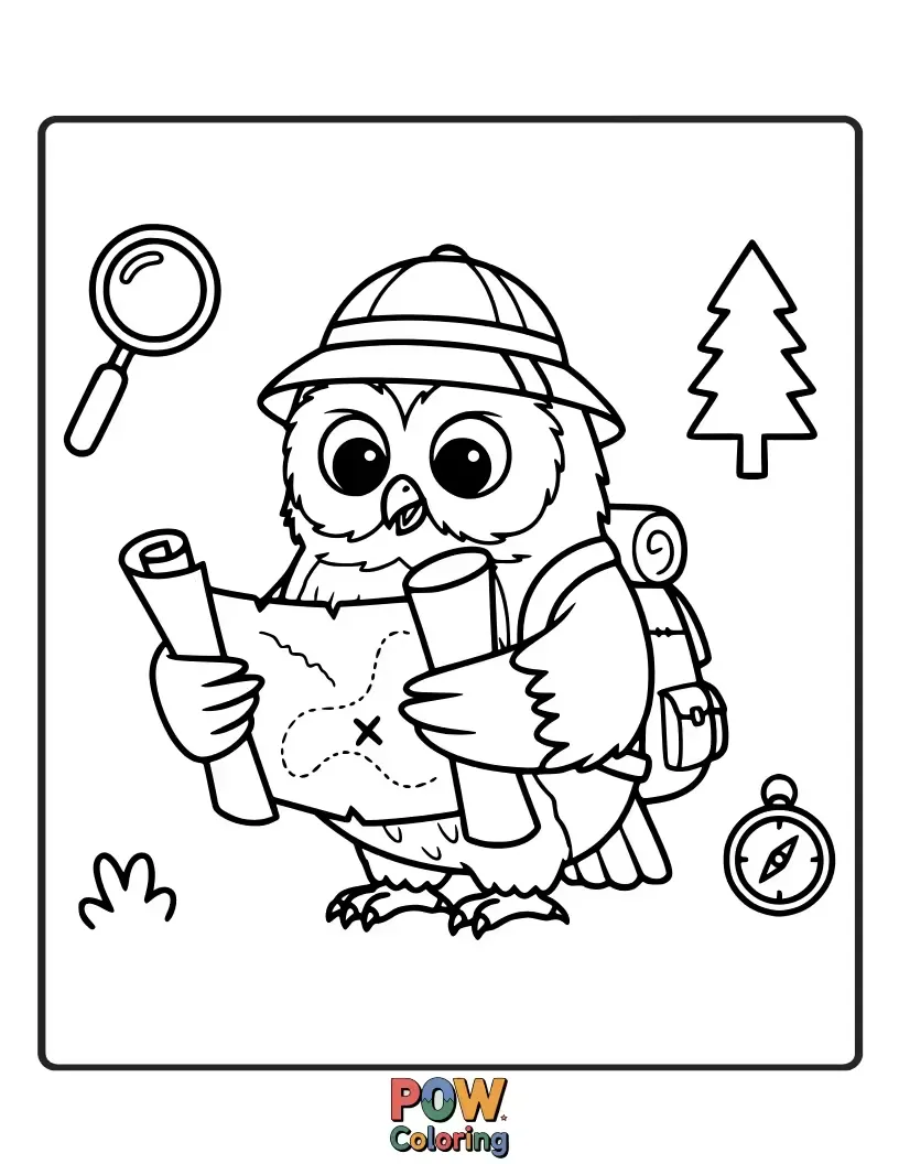 Free coloring page of An adventurous owl with a backpack and a map, ready to discover new lands.