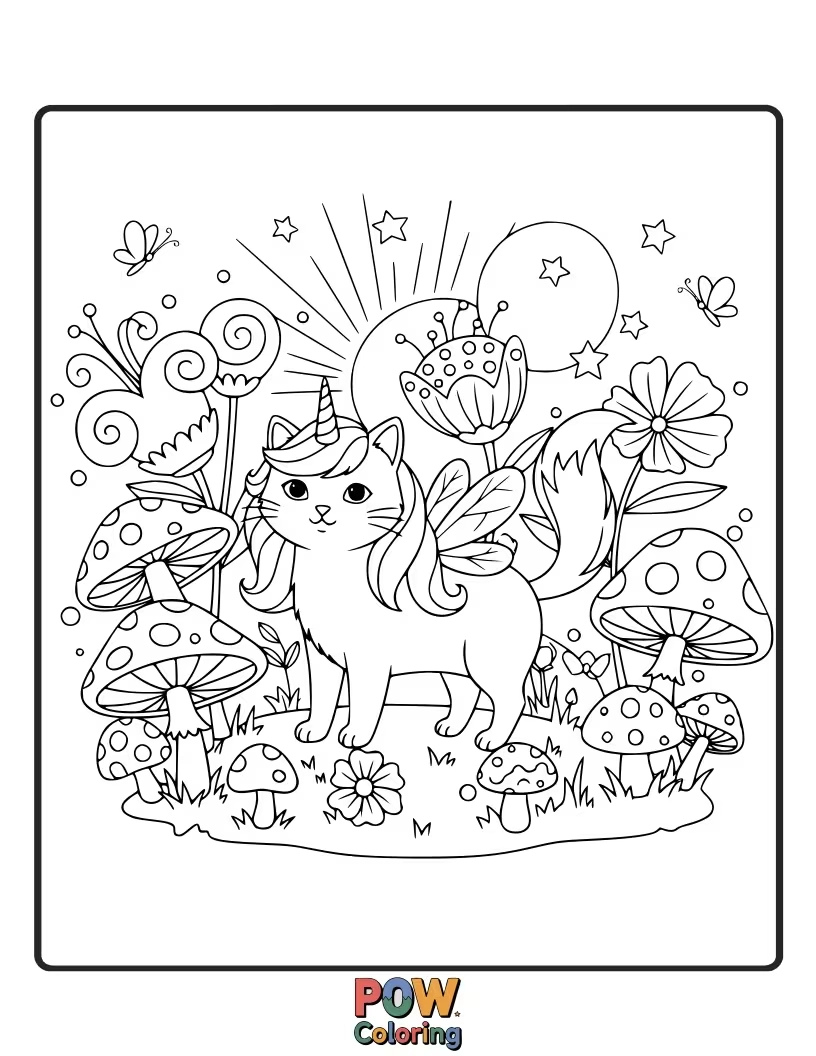 Free coloring page of A tiny unicorn cat exploring a miniature fairy garden, surrounded by oversized toadstools and delicate fairy wings.