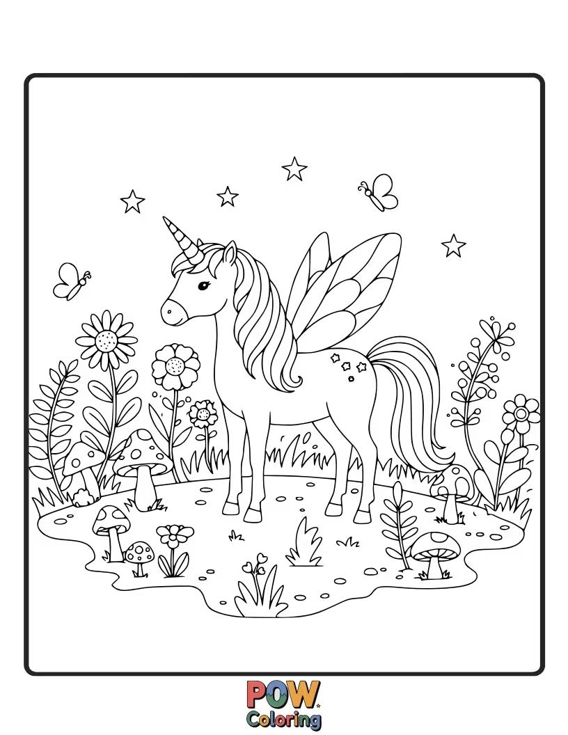 Free coloring page of Tiny unicorn nestled in a magical garden filled with miniature flowers and fairies.