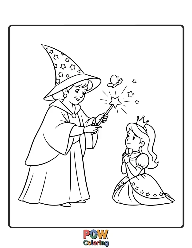 Free coloring page of A kind princess receiving a magical blessing from her benevolent fairy godmother.