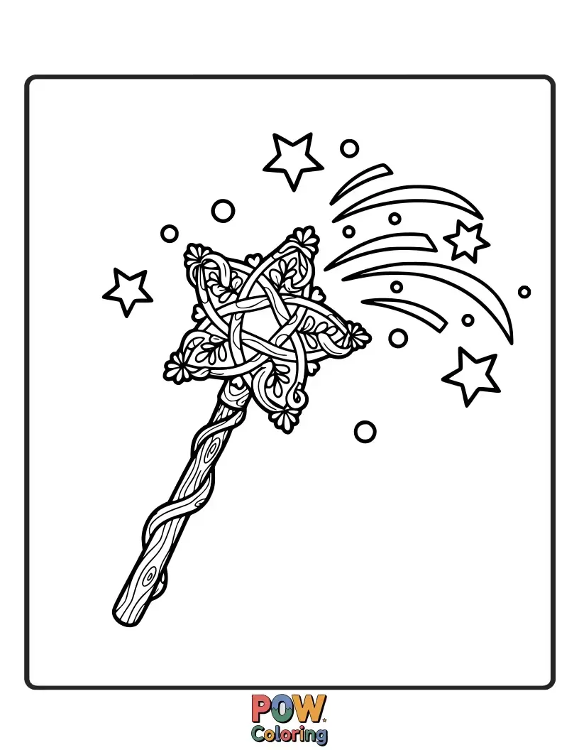 Free coloring page of A cheerful Fairy Godmother waving her sparkly wand, creating magical transformations with swirling patterns.