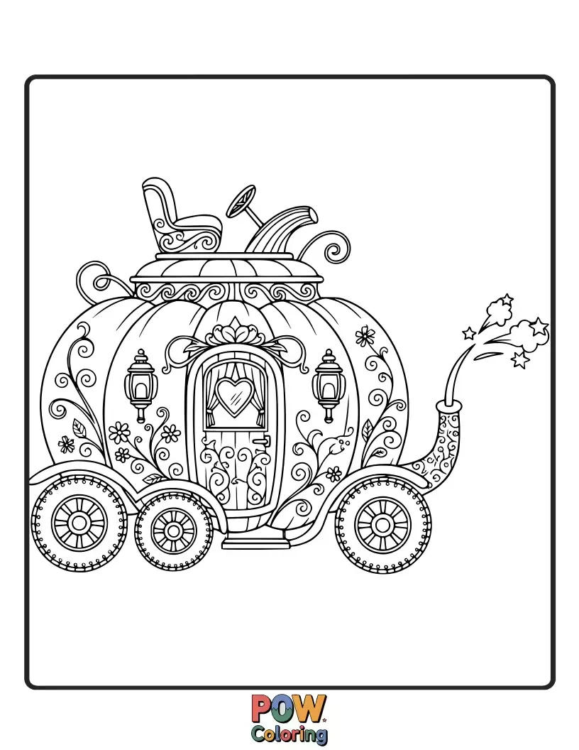Free coloring page of A car designed to look like a magical fairy tale carriage, complete with decorative scrolls and wheels.