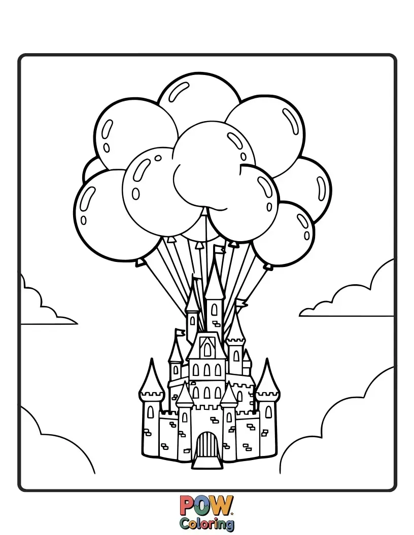 Free coloring page of Elaborate hot air balloons inspired by fairy tale castles, floating gracefully over a magical kingdom.