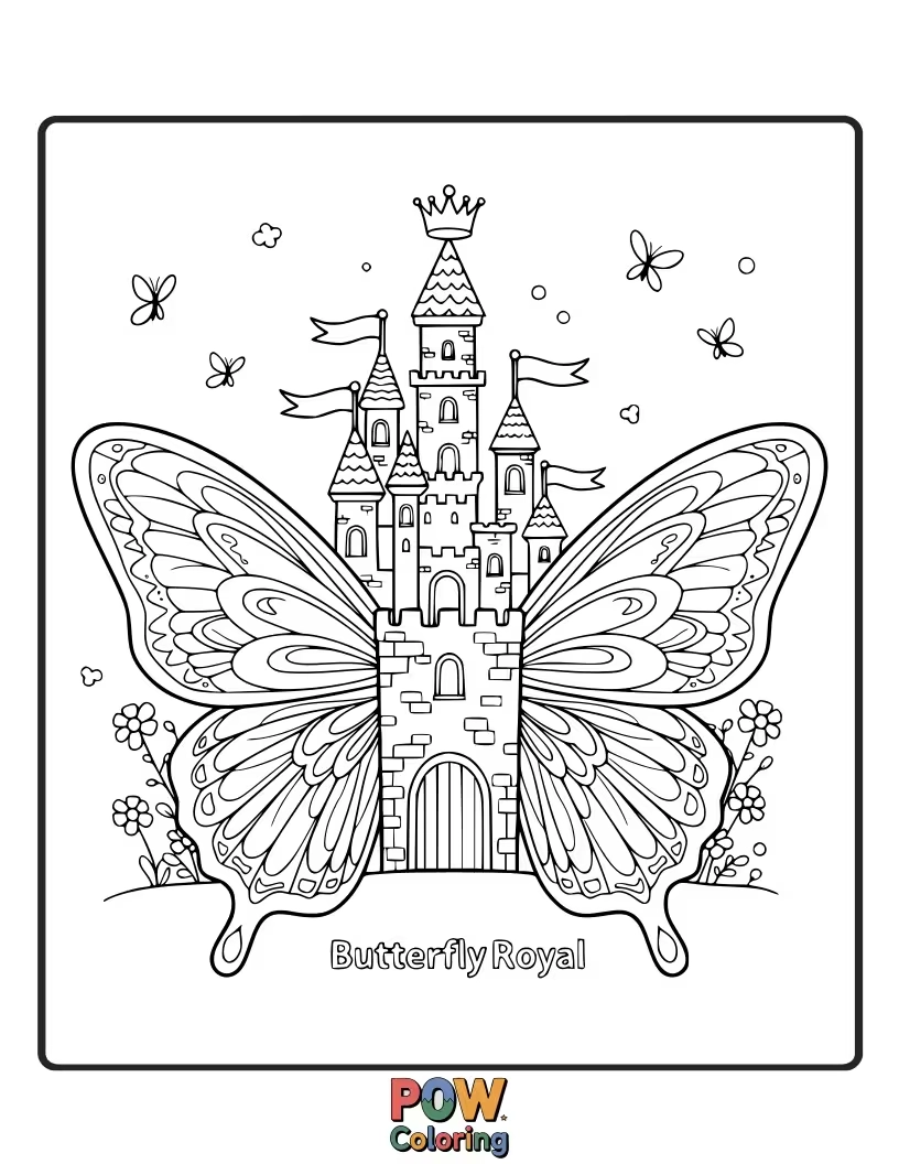 Free coloring page of A regal butterfly with castle turret wings, presiding over its miniature kingdom of enchanted flowers and tiny sprites.