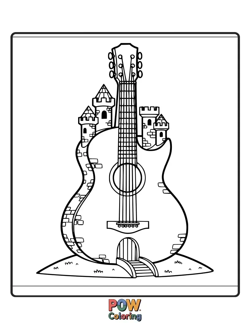 Free coloring page of A guitar designed like a majestic castle, with tiny turrets and flags.