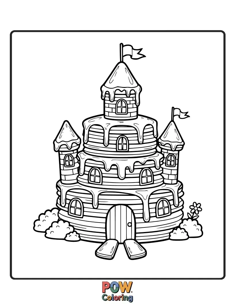 Free coloring page of A magnificent castle constructed entirely from fluffy pancakes, complete with syrup moats and whipped cream towers.