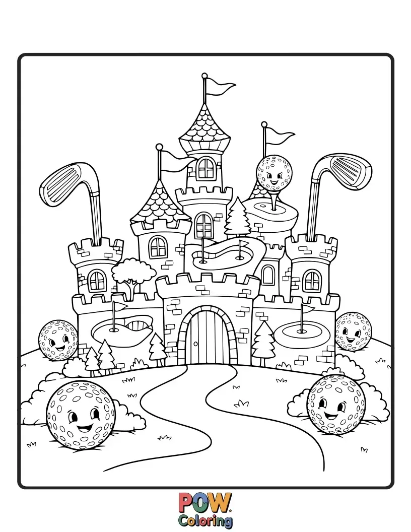 Free coloring page of A charming golf course set within a whimsical fairy tale castle, complete with tiny flags.