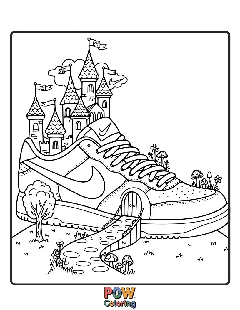 Free coloring page of A whimsical Nike shoe with a castle spire and sparkling magic wand, straight from a fairy tale.