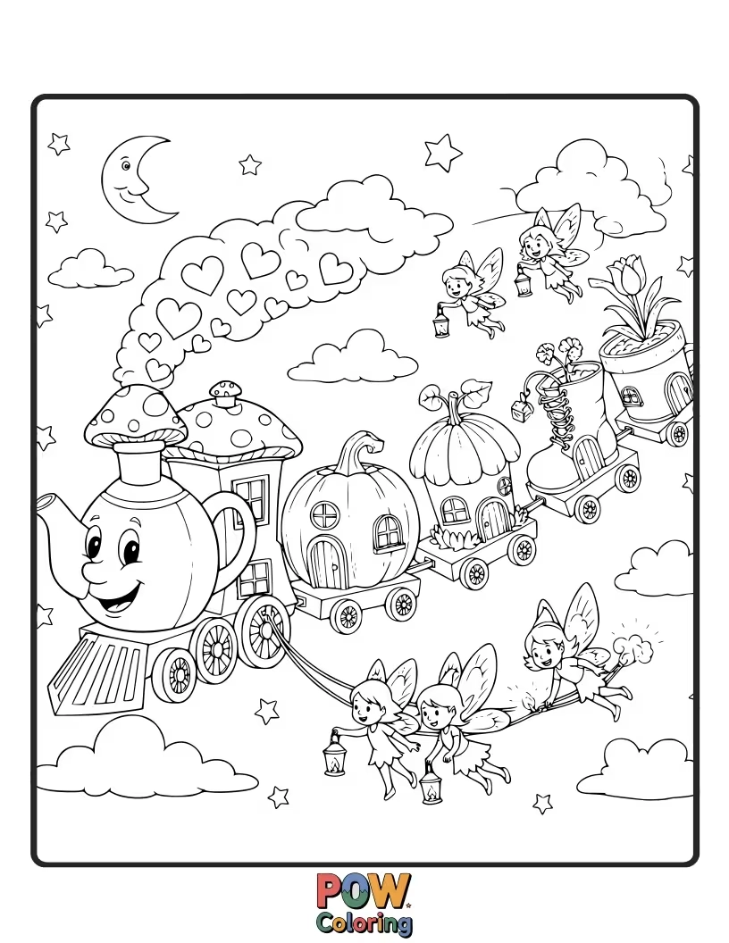 Free coloring page of A magical train with wings, powered by fairy dust, soaring through a mystical forest. Enchanting colors for a whimsical ride.