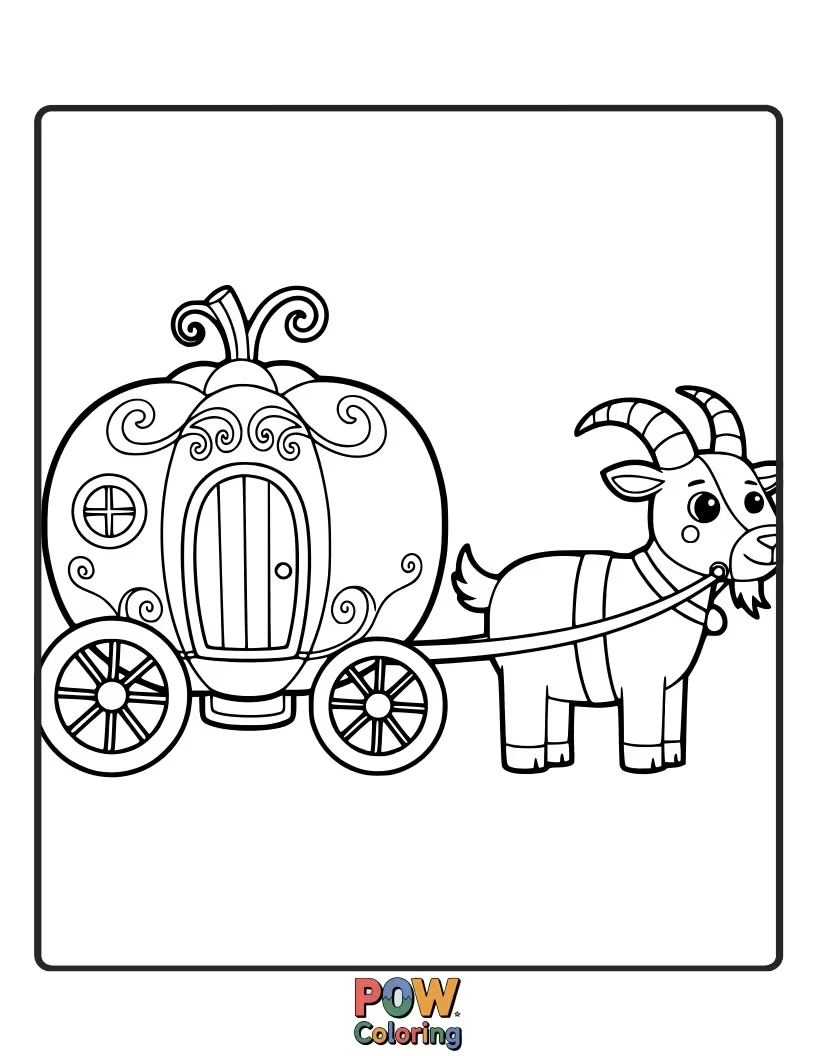 Free coloring page of A regal goat pulling a beautifully decorated, tiny fairytale carriage, ready for a royal adventure.