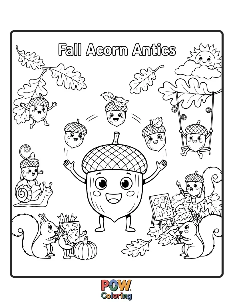 Free coloring page of A chipmunk attempting to juggle three oversized acorns, dropping them all with a surprised expression.
