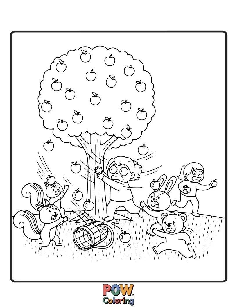 Free coloring page of A bear trying to pick apples, but accidentally hugging the tree with too much enthusiasm.