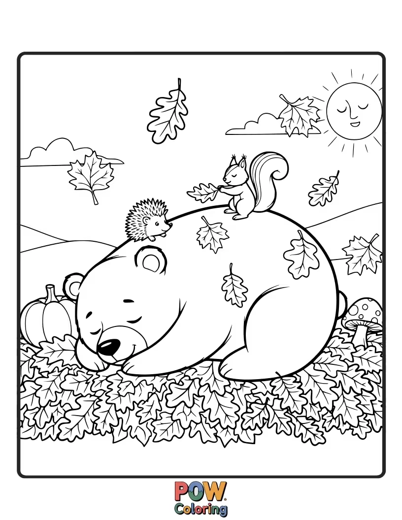 Free coloring page of A bear trying to hibernate in a pile of crunchy leaves, but they keep rustling.