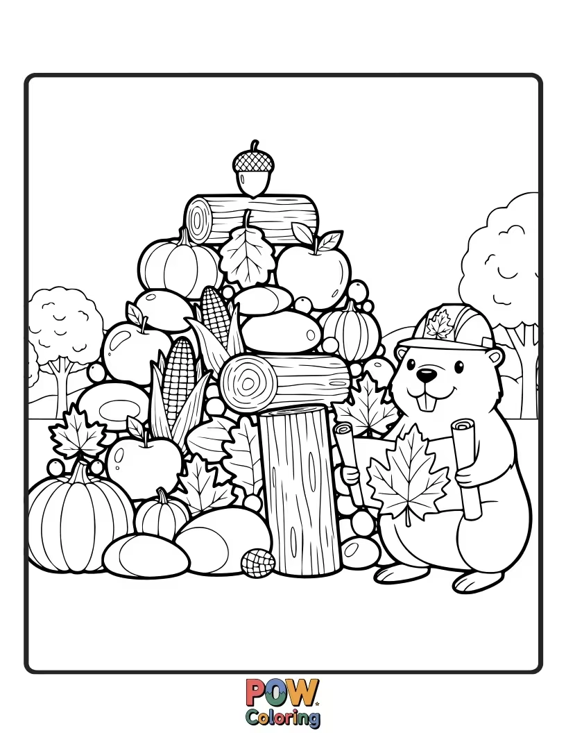 Free coloring page of A beaver excitedly building a dam out of colorful leaves and twigs.