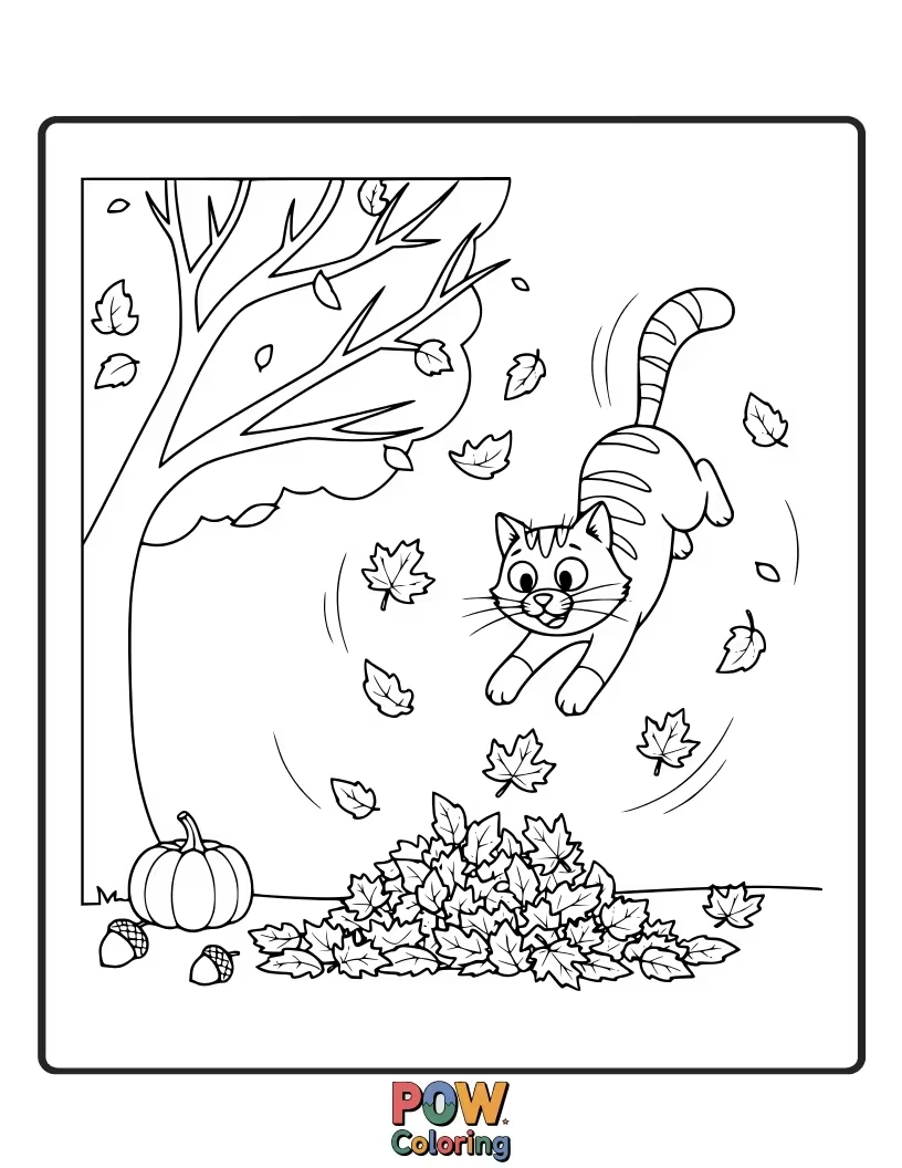 Free coloring page of A cat playfully swatting at a falling leaf as if it were a mouse.