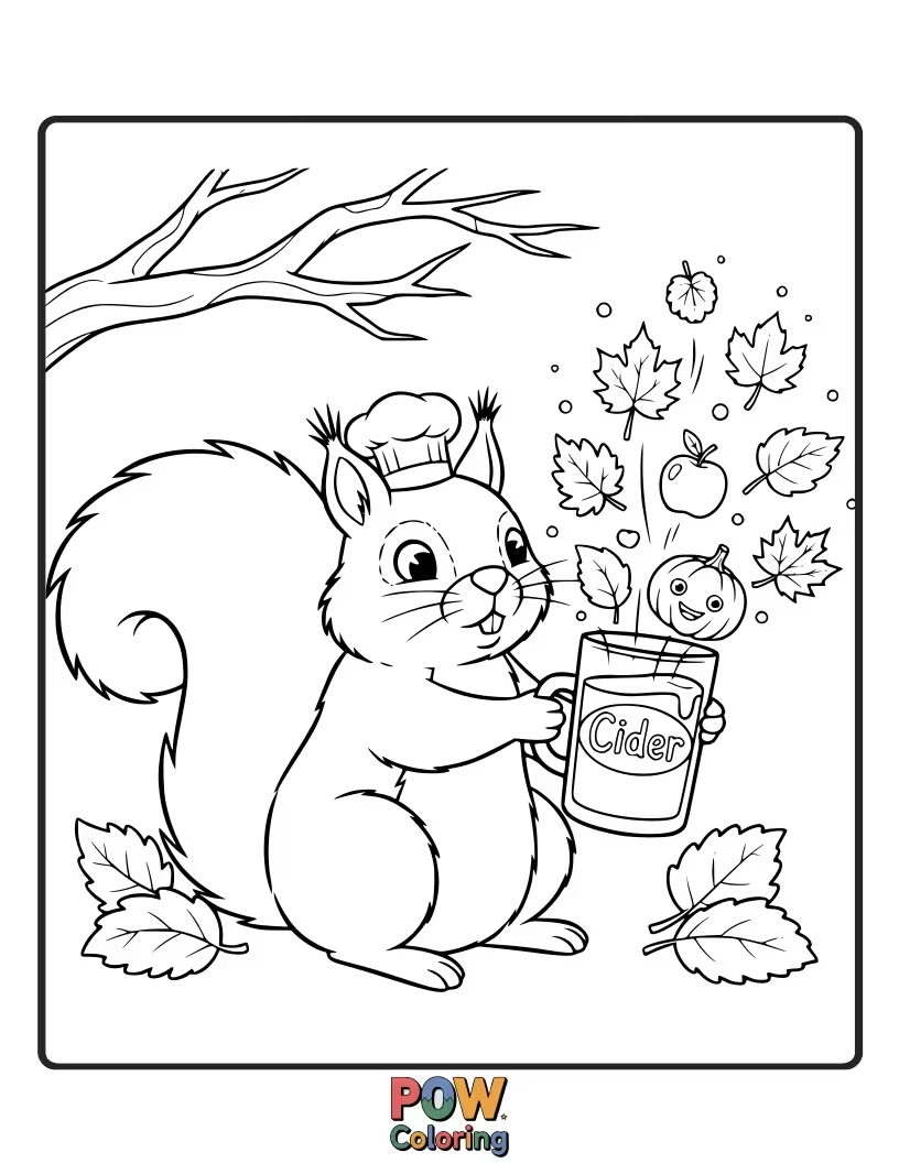 Free coloring page of A little squirrel enjoying a giant mug of apple cider, with apple slices floating.