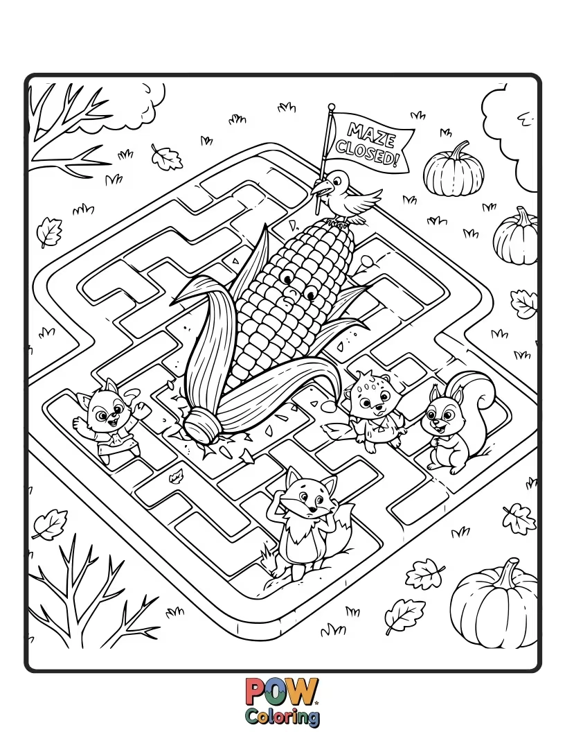 Free coloring page of A sheep hopelessly lost in a corn maze, bleating for directions from a confused crow.