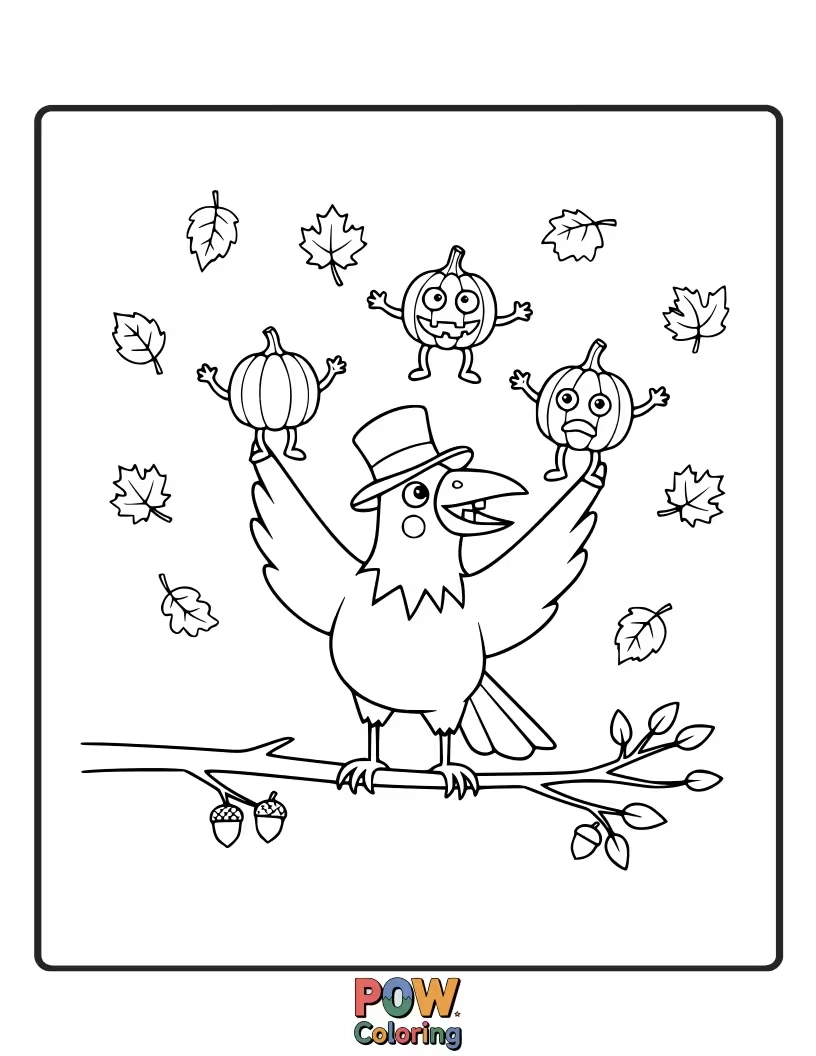 Free coloring page of A crow trying to balance a large acorn on its beak while strutting.