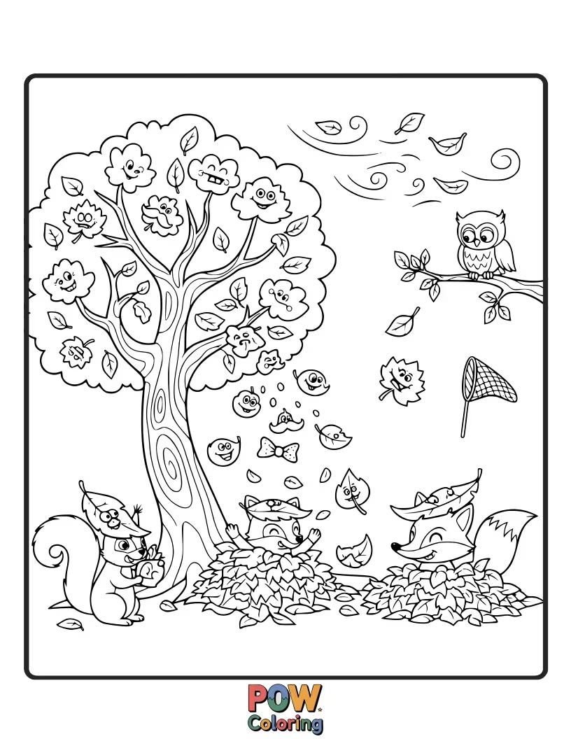 Free coloring page of A grumpy scarecrow tangled in colorful leaves, looking like a leaf monster himself.