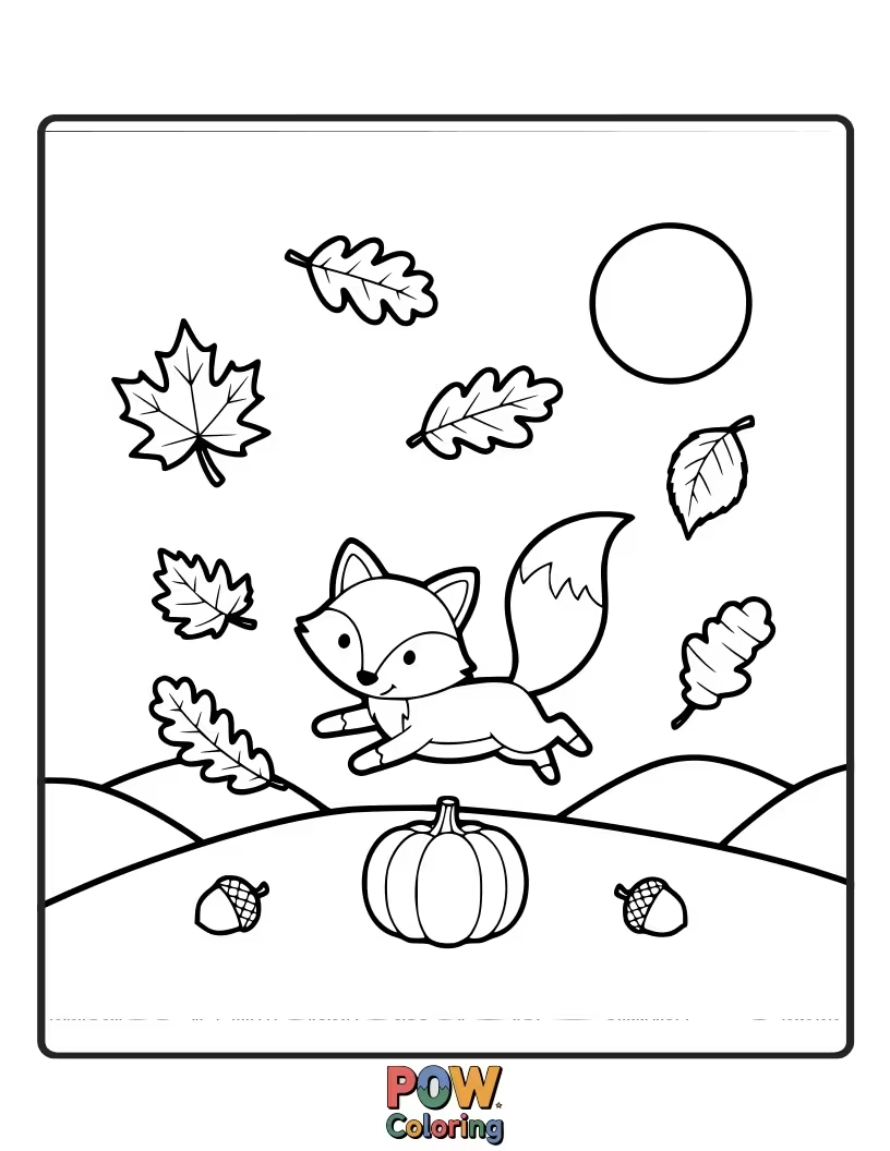 Free coloring page of A mischievous fox wearing a tiny scarf, playing hide-and-seek behind a giant pumpkin.