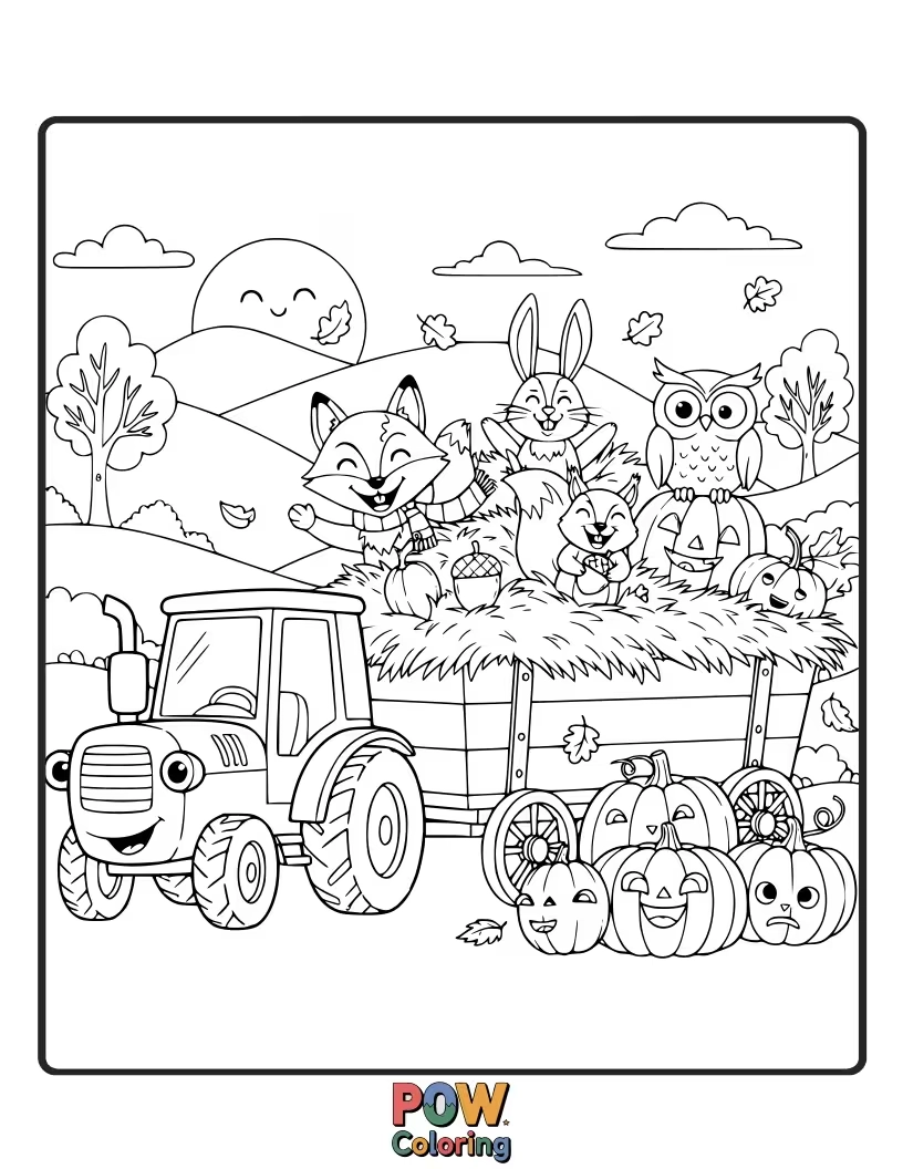 Free coloring page of A badger driving a tractor loaded with pumpkins, with a leaf blowing in its face.