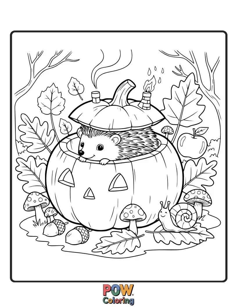 Free coloring page of A hedgehog nestled inside a hollow pumpkin, peeking out with a sleepy smile.