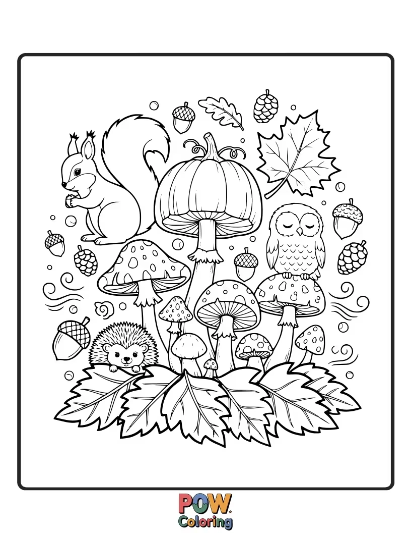 Free coloring page of A family of friendly mushrooms wearing tiny hats, having a tea party on a fallen log.