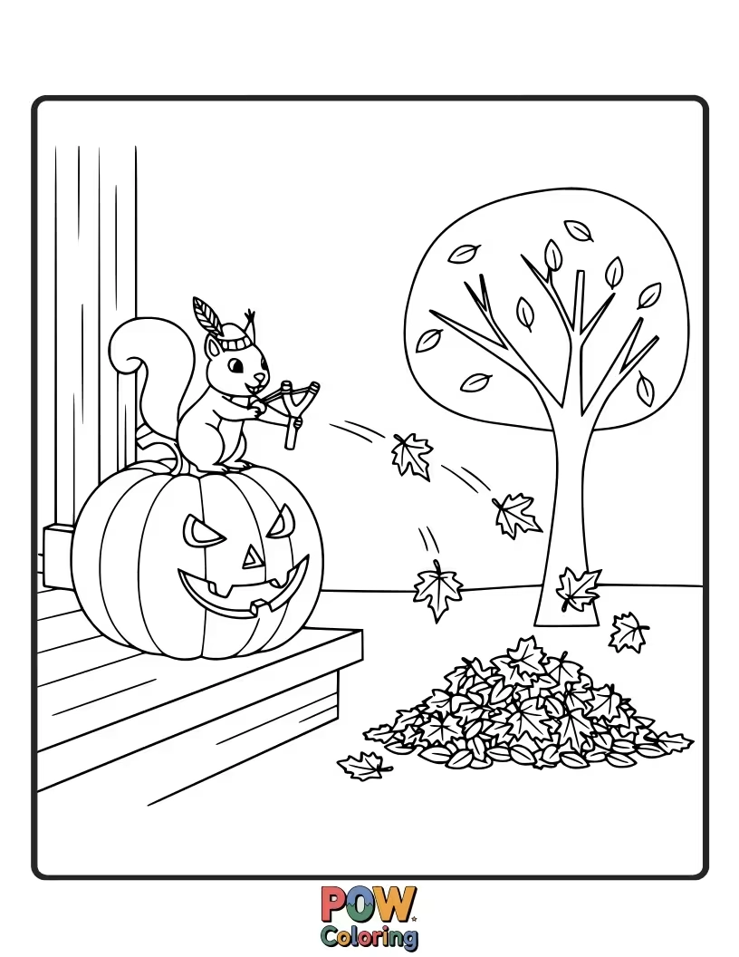 Free coloring page of A jack-o'-lantern with a mischievous grin trying to wear a leaf as a hat.