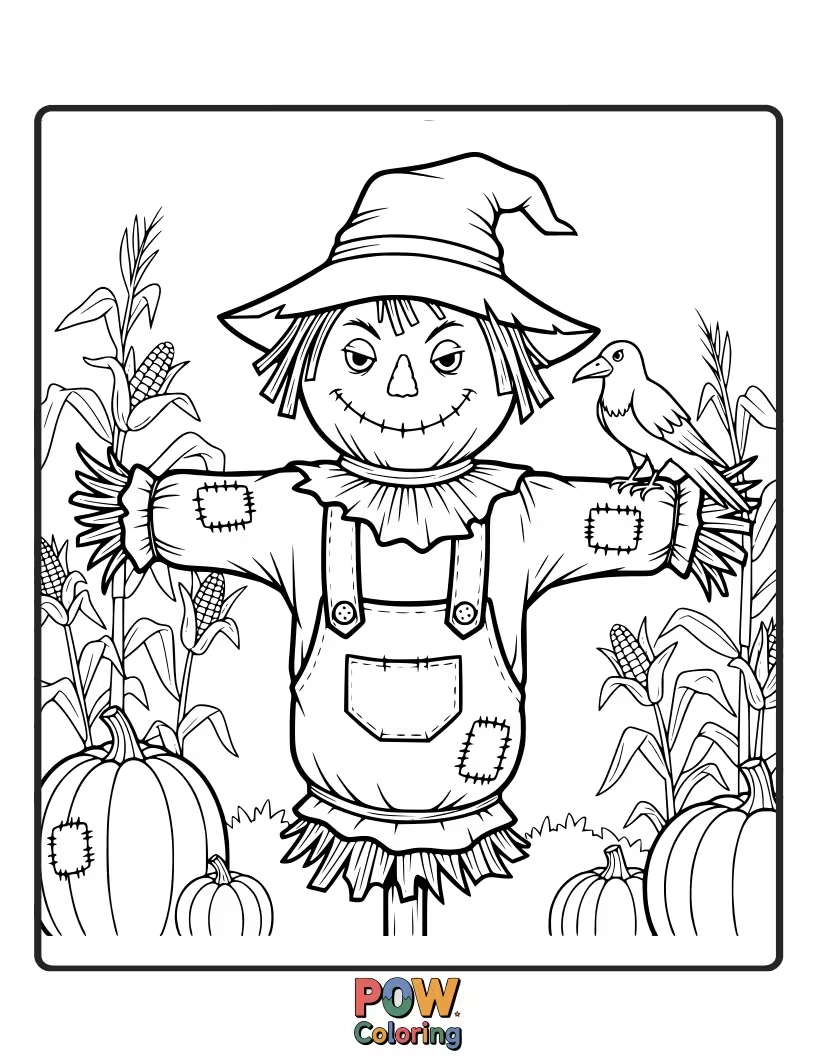 Free coloring page of A dapper scarecrow wearing a bowtie striking a cool autumn pose.
