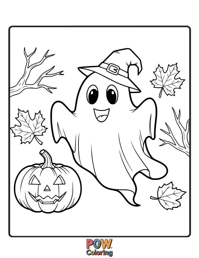 Free coloring page of A friendly ghost wearing a witch hat, trying to scare a group of giggling pumpkins.