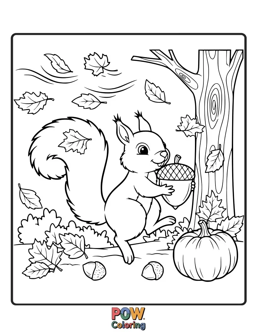 Free coloring page of A squirrel stuffing its cheeks with so many acorns it can barely see its tiny paws.