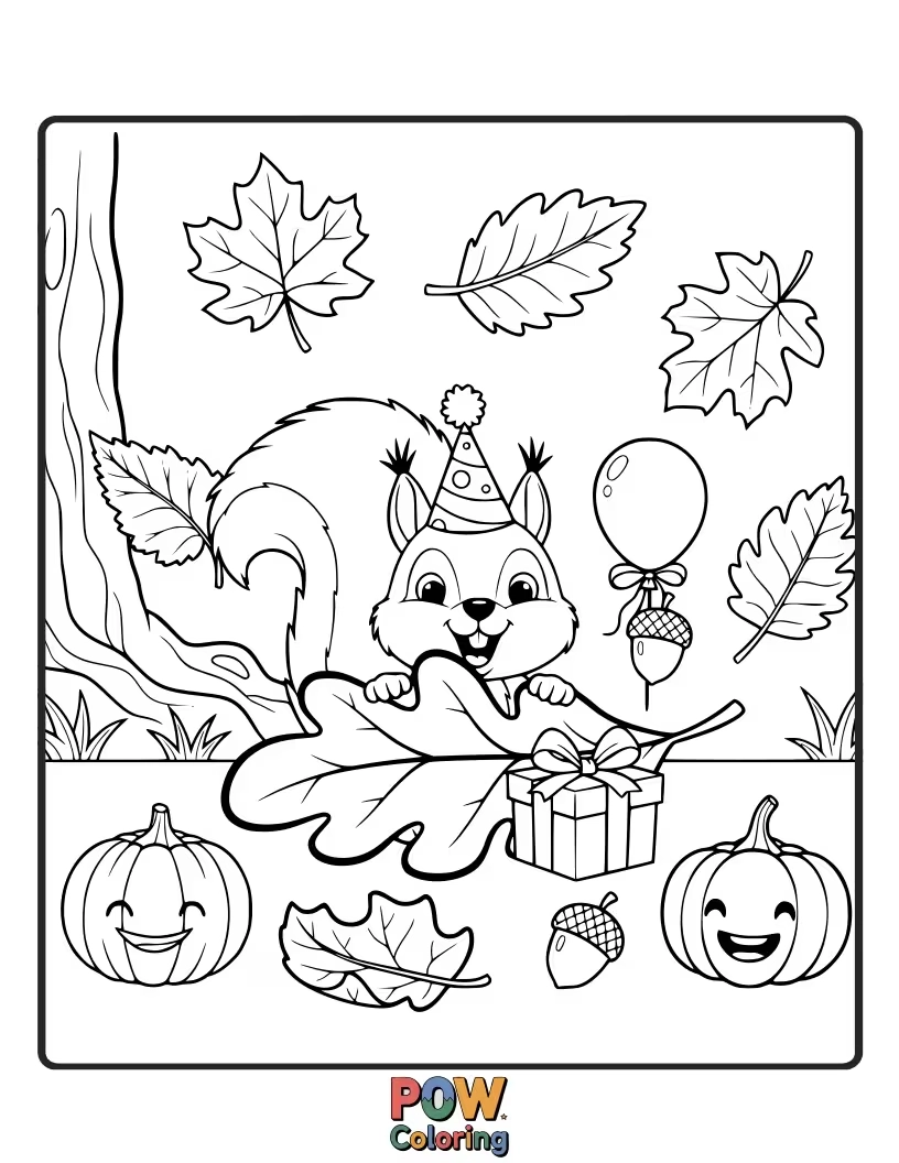 Free coloring page of A squirrel mistakenly tries to bury a tiny toy car thinking it's a nut.