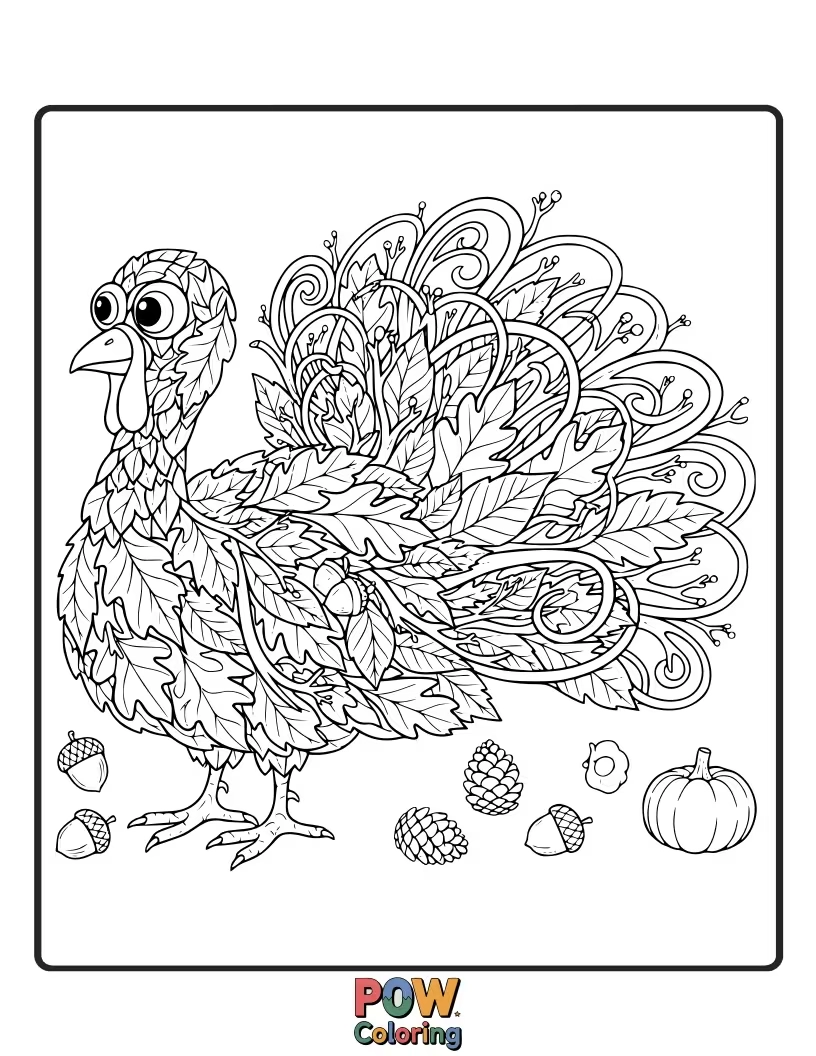 Free coloring page of A turkey attempting to wear a knitted sweater, but it's too tight around its gobbler.