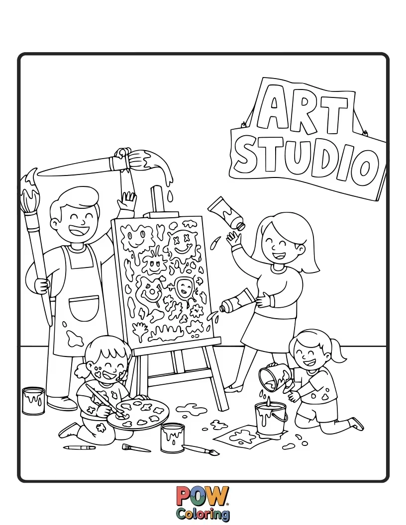 Free coloring page of A colorful family creating masterpieces with paint splatters and glitter galore.