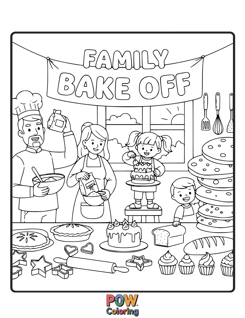Free coloring page of A messy but happy family covered in flour, decorating a hilariously lopsided cake.