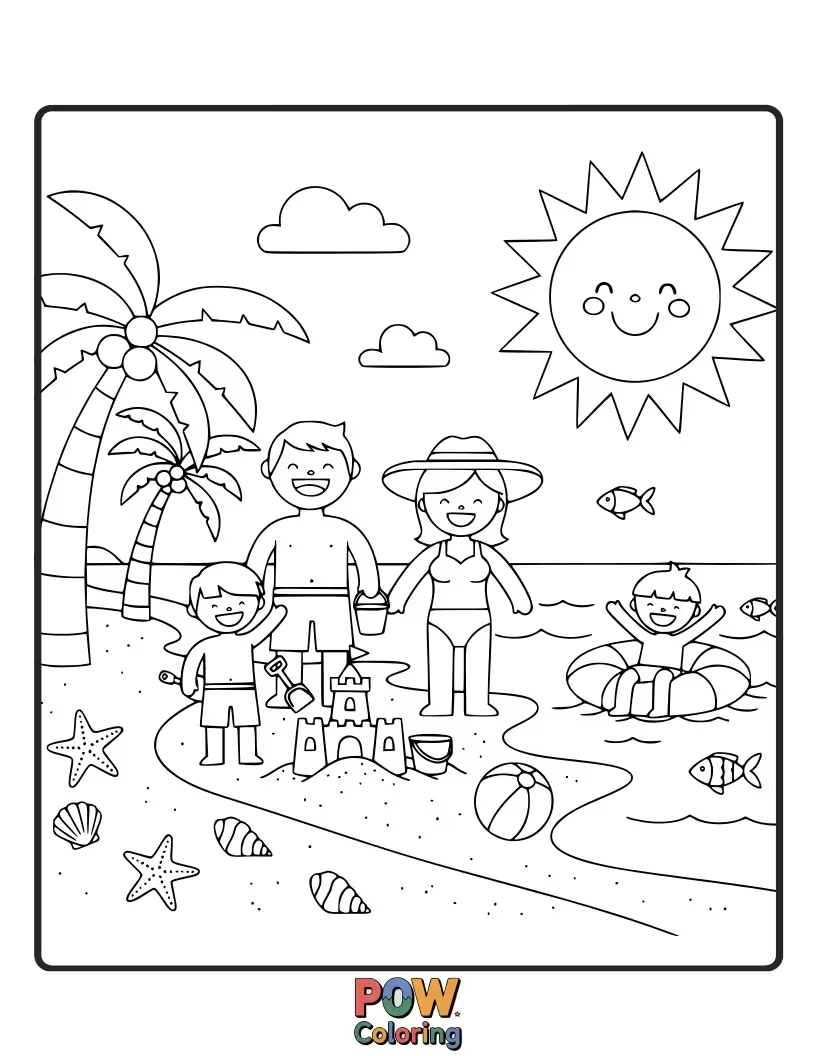 Free coloring page of A silly family building a wonky sandcastle guarded by a friendly crab wearing sunglasses.