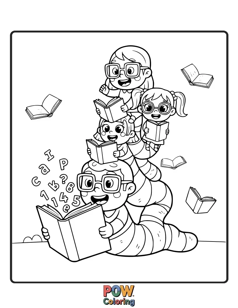 Free coloring page of A family reading together, with whimsical creatures peeking out from their book pages.