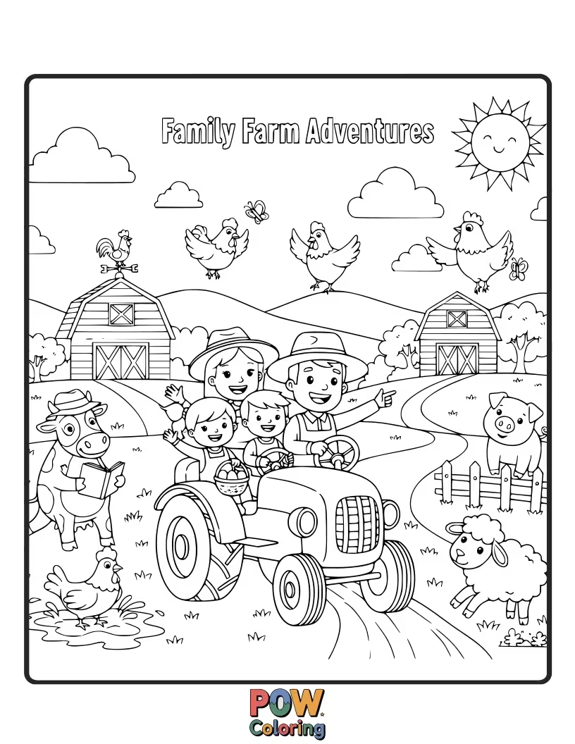 Free coloring page of A playful family helping on a farm, feeding a shy goat and petting a fluffy sheep.