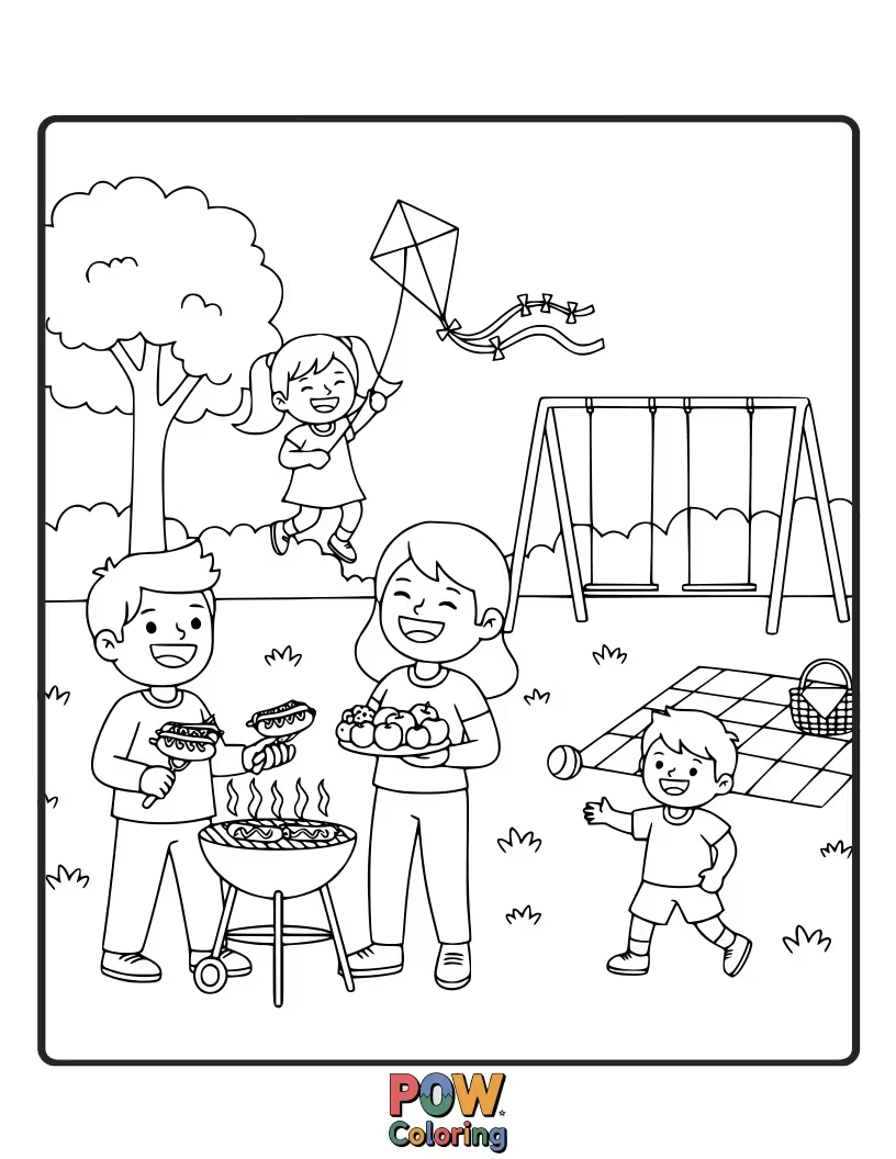 Free coloring page of A giggling family picnicking with grills and happily making sandwiches and playing with kites.