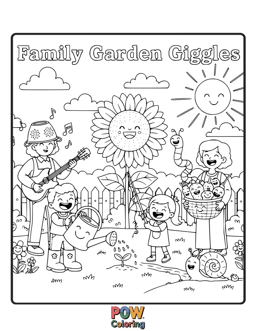 Free coloring page of Parents and kids planting flowers with mischievous ladybugs and dancing sunflowers.