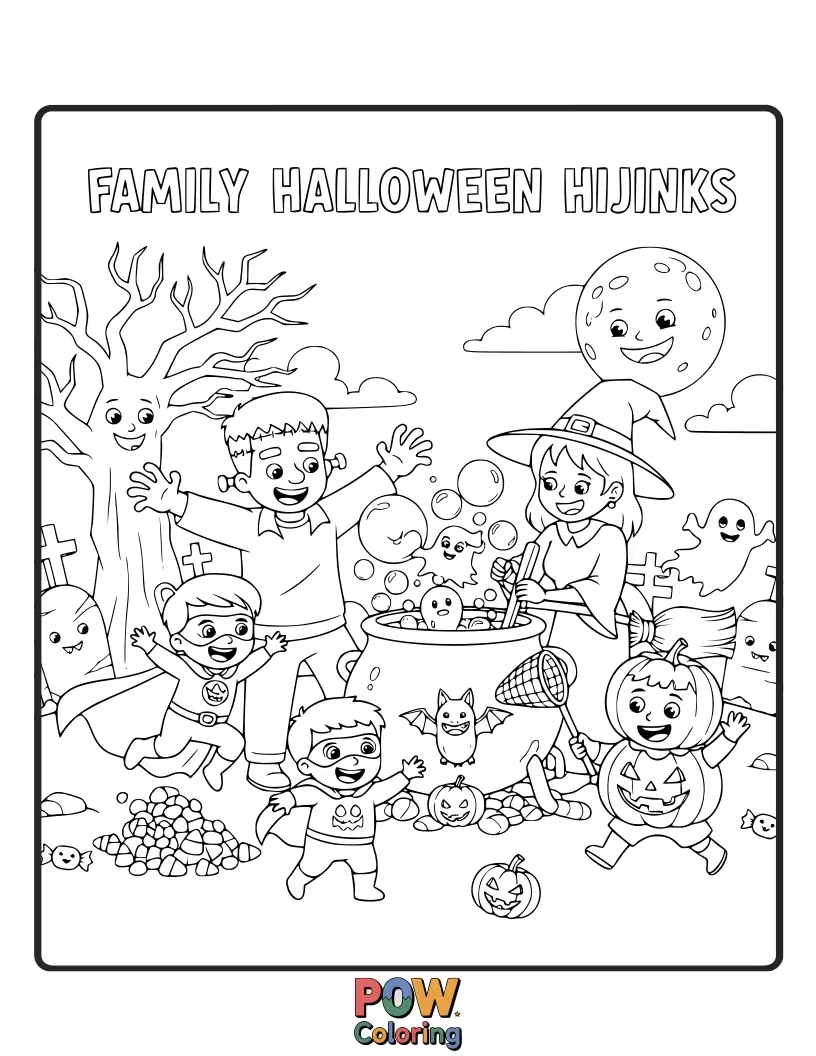 Free coloring page of A spooky but funny family trick-or-treating in silly, homemade costumes.