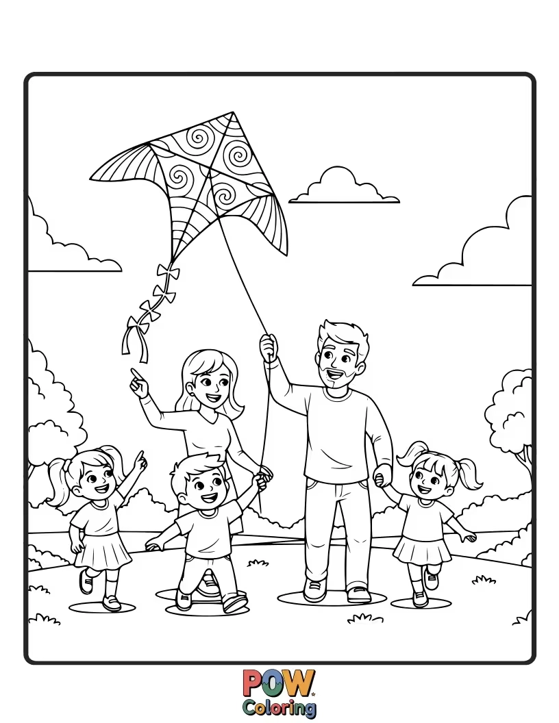 Free coloring page of A family laughing as their colorful kites dance playfully in the breezy sky.