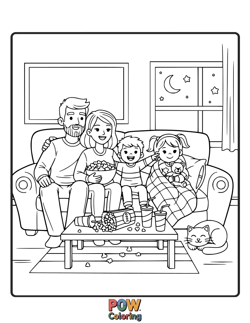 Free coloring page of Cozy family snuggled on the couch, wearing silly pajamas, with popcorn flying everywhere.