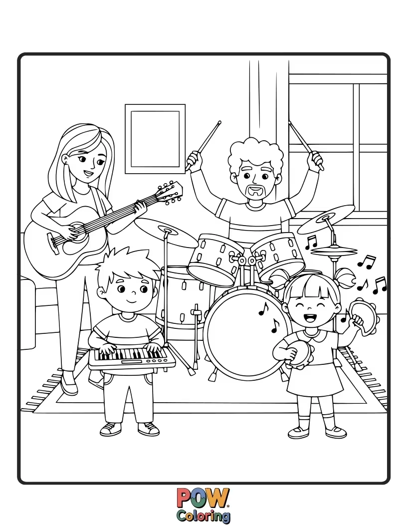 Free coloring page of A family making silly music with homemade instruments, jammin' with enthusiasm.