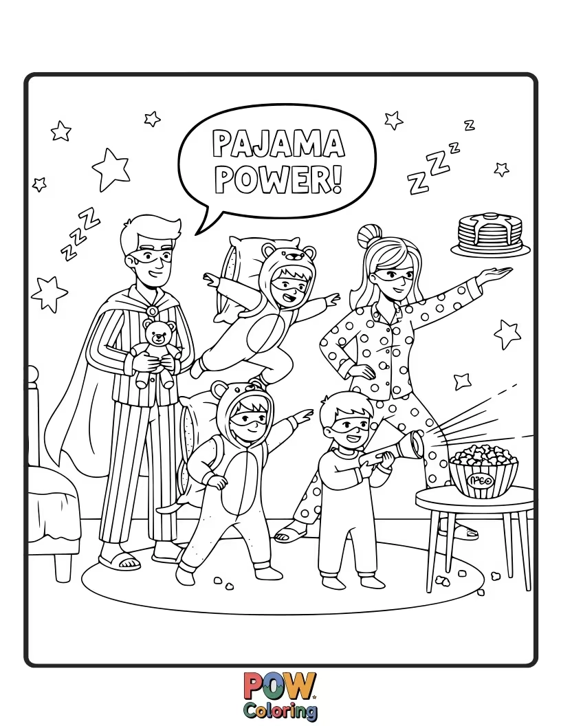 Free coloring page of Kids and parents in matching, ridiculous pajamas, striking superhero poses.