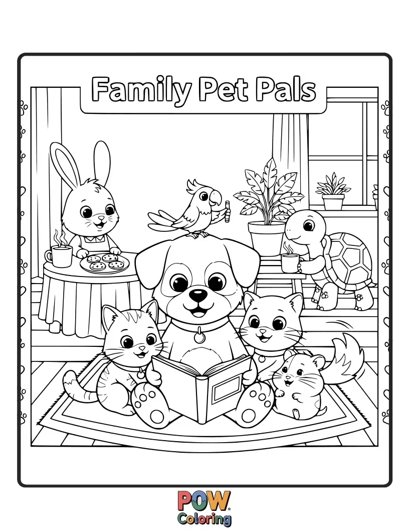 Free coloring page of A loving family surrounded by their comical pets – a cat juggling yarn, a dog in a hat.