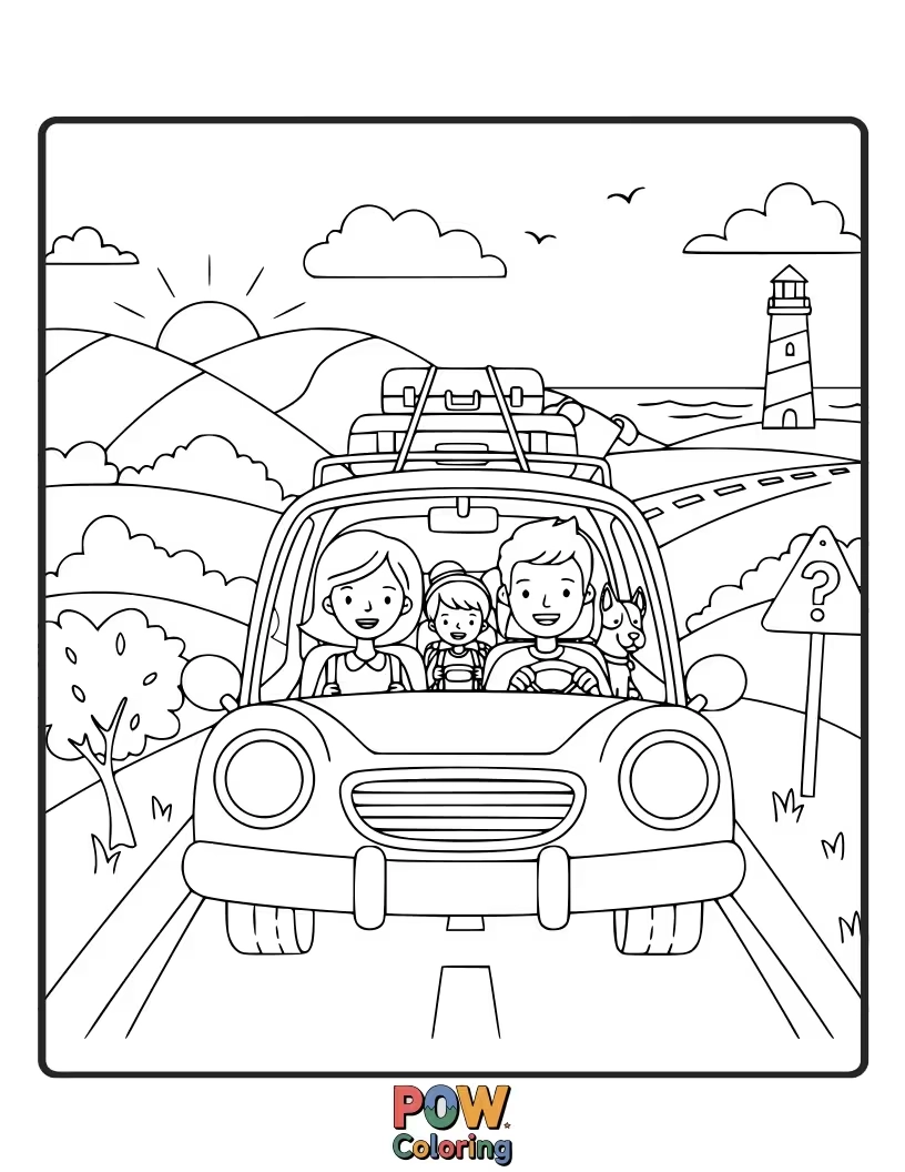 Free coloring page of A goofy family crammed into a tiny car, waving goodbye to a smiling sun.
